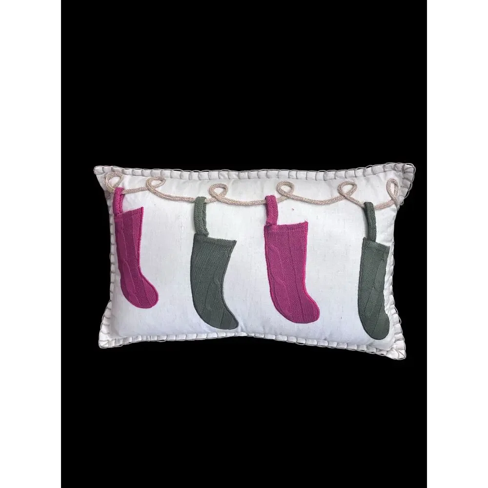 Pier 1 Christmas Throw Pillow Hanging Stockings Holiday Decor Approx 20x13 FLAW